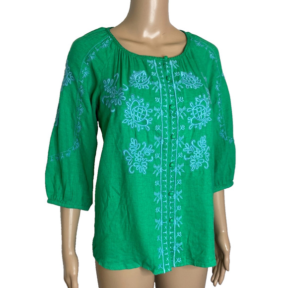 Women's PXS J.Jill Green Linen Blend Floral Embroidered Button Front Blouse NEW - Picture 2 of 5